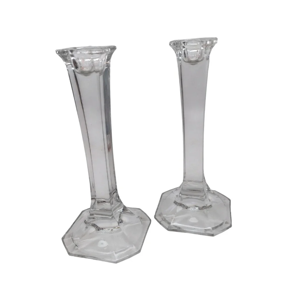 Vintage Clear Crystal Glass Hexagonal Base Taper Candlestick Holders Pair 7.75in